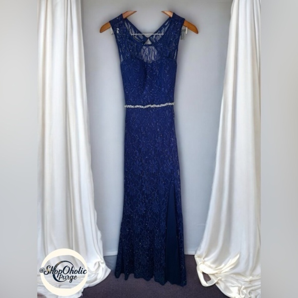 Jodi Kristopher Blue Lace Gown Size 5 Dress sleeveless long lace
